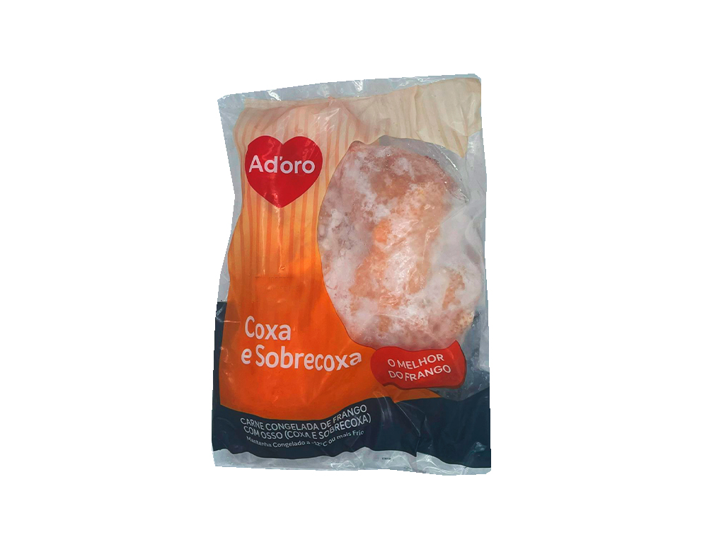 COXAS E SOBRECOXAS DE FRANGO CONGELADAS COM OSSO ADORO (CX 20 KG)